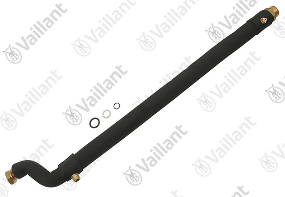 Schwarzes Rohr mit gebogenem Ende und Anschlussstücken, geliefert mit O-Ringen. Produkt von Vaillant, geeignet für Heizungsanwendungen.